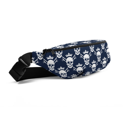 Front, left view of Skull and Crops belt bag in navy and white. Made by EQUESTRIANISTA Brand.