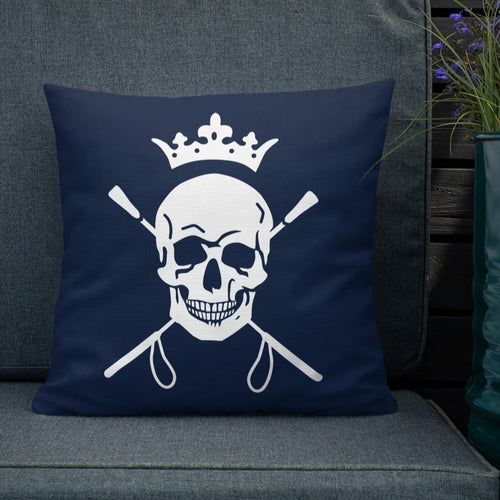 Equestrian Skull and Crops decorative pillow in navy on chair. 