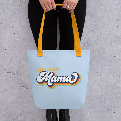 Equestrian Mama Tote Bag in Soft Blue with woman holding it.