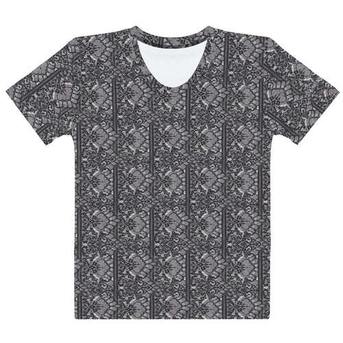 Front view of Luxe Lace short sleeve top with charcoal grey lace print. Made by EQUESTRIANISTA Brand Apparel.
