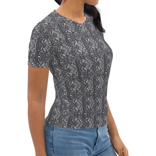 Modeled Luxe Lace short sleeve top with charcoal grey lace print. Made by EQUESTRIANISTA Brand Apparel.
