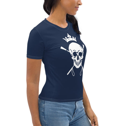 Equestrian Skull and Crops Crew Neck in Navy being modeled. 