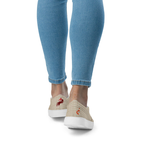 Back view of Fox Hunt Slip-on Canvas Shoes showing Fox Hunt Horse on left and Fox on right.