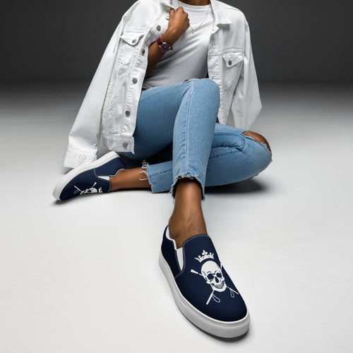 Equestrian Skull and Crops Navy Slip-on Shoe modeled.