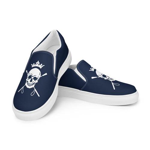 Equestrian Skull and Crops Navy Slip-on Canvas Shoe shown on white background.