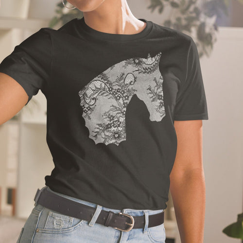 Modeled Women's Lace Print Horse Head T-shirt in Black by EQUESTRIANISTA