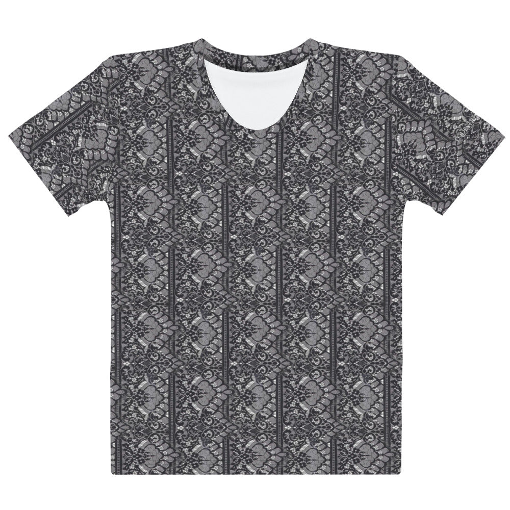 Front view of Luxe Lace short sleeve top with charcoal grey lace print. Made by EQUESTRIANISTA Brand Apparel.