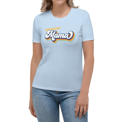 Equestrian Mama Short Sleeve Top in Soft Blue modeled on white background. 