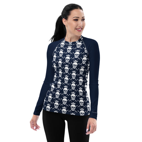 Women's Skull and Crops Equestrian Sunshirt Base Layer in Navy on model.
