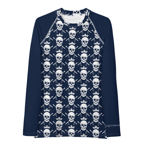 Women's Skull and Crops Equestrian Sunshirt Base Layer in Navy on white background.