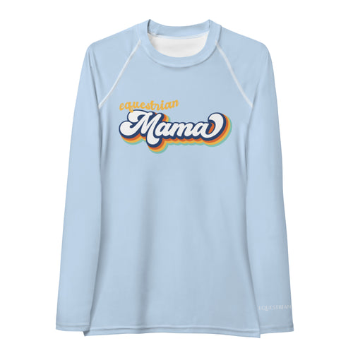 Equestrian Mama sunshirt in soft blue on white background.