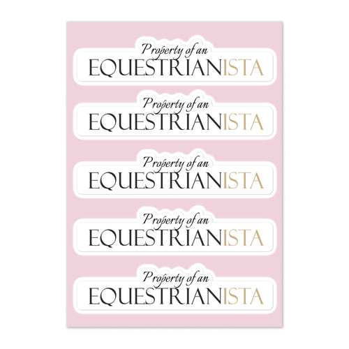 Property of an EQUESTRIANISTA white sticker on pink sticker sheet. 