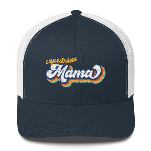 Equestrian Mama Trucker Hat in White and Navy against white background.