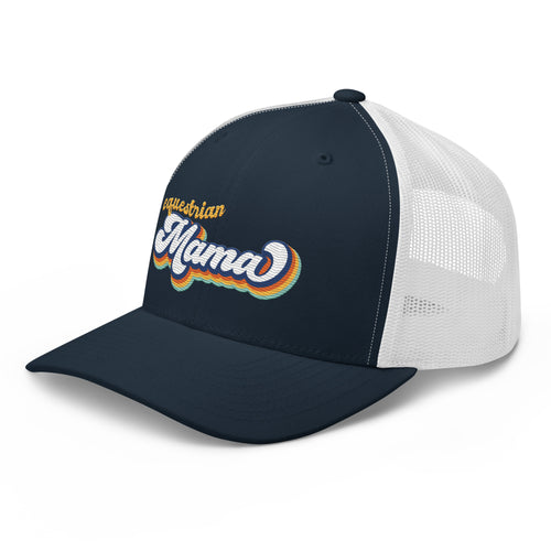 Side view of Equestrian Mama Trucker Hat in White and Navy against white background.