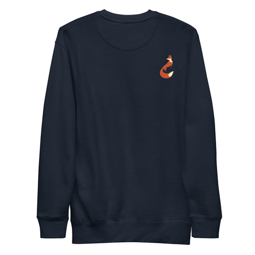 Back view of the Fox Hunt sweatshirt in navy with the sly fox on back, right shoulder. Made by EQUESTRIANISTA Brand.