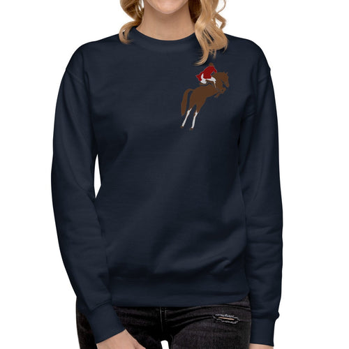 Modeled Fox Hunt sweatshirt in navy. Made by EQUESTRIANISTA Apparel.